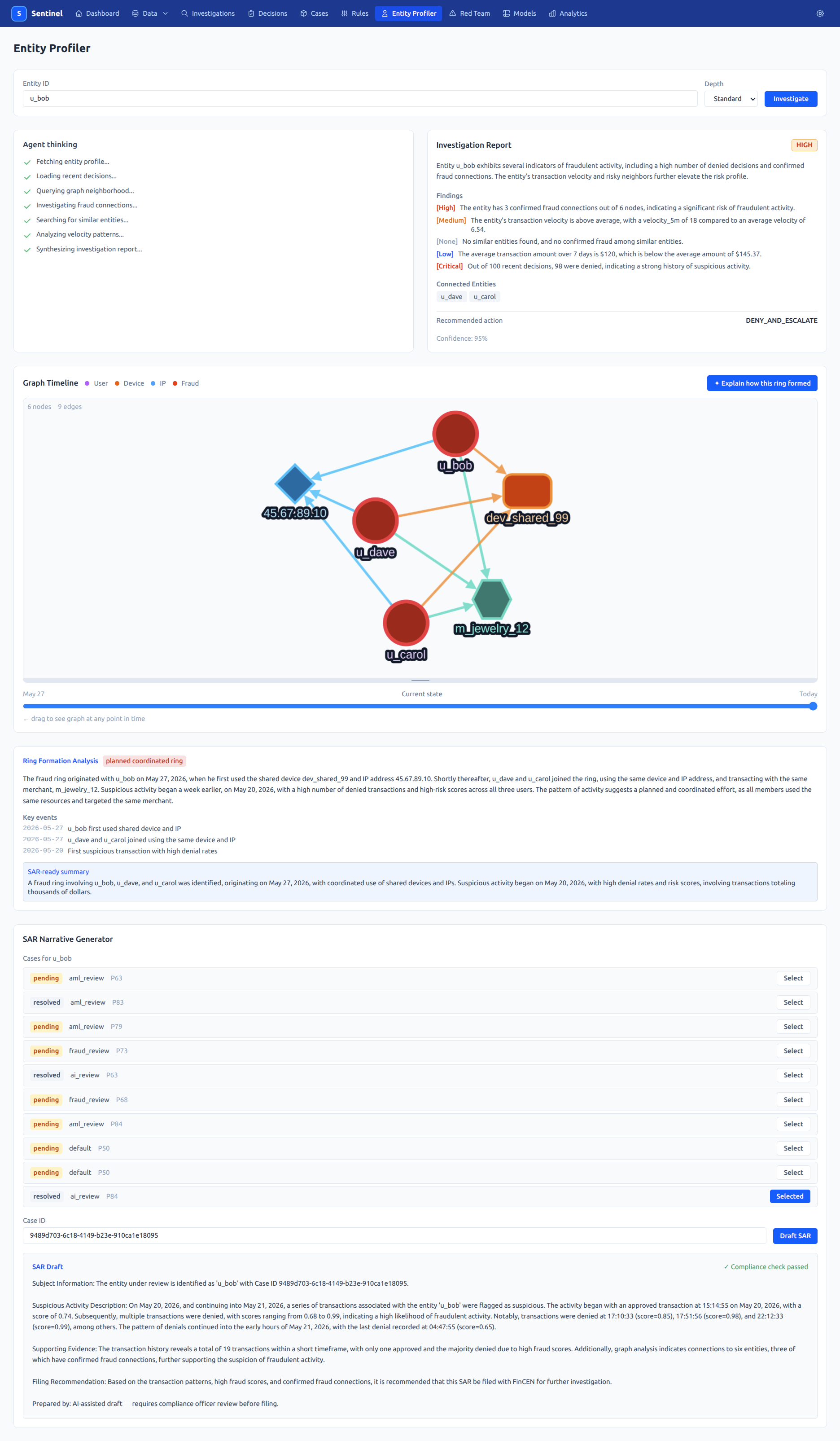 Sentinel entity profiler with relationship graph, ring narrative and report generator