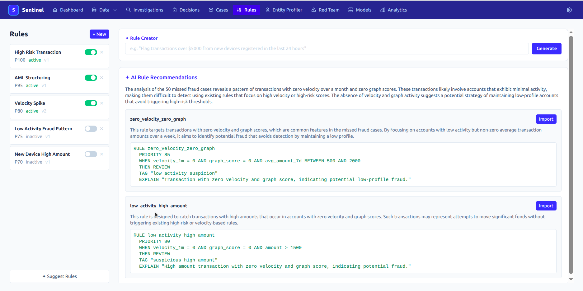 Sentinel rules page with plain-English rule creator and AI rule recommendations